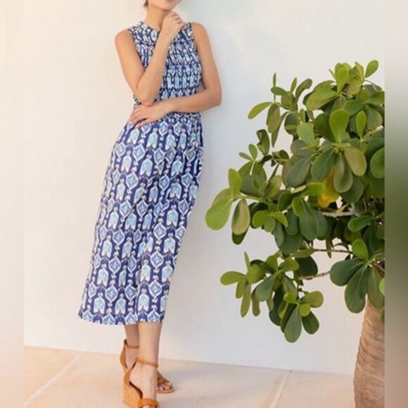 J. McLaughlin The Ciri Maxi Dress Blue Damask 100% Cotton Ruched Bodice Casual - Picture 4 of 14